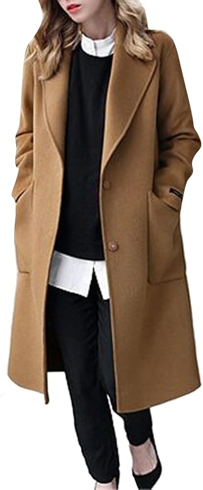 Women's Classic Winter Long Sleeve Lapel Mid Length Warm Wool Trench Coat | Amazon (US)