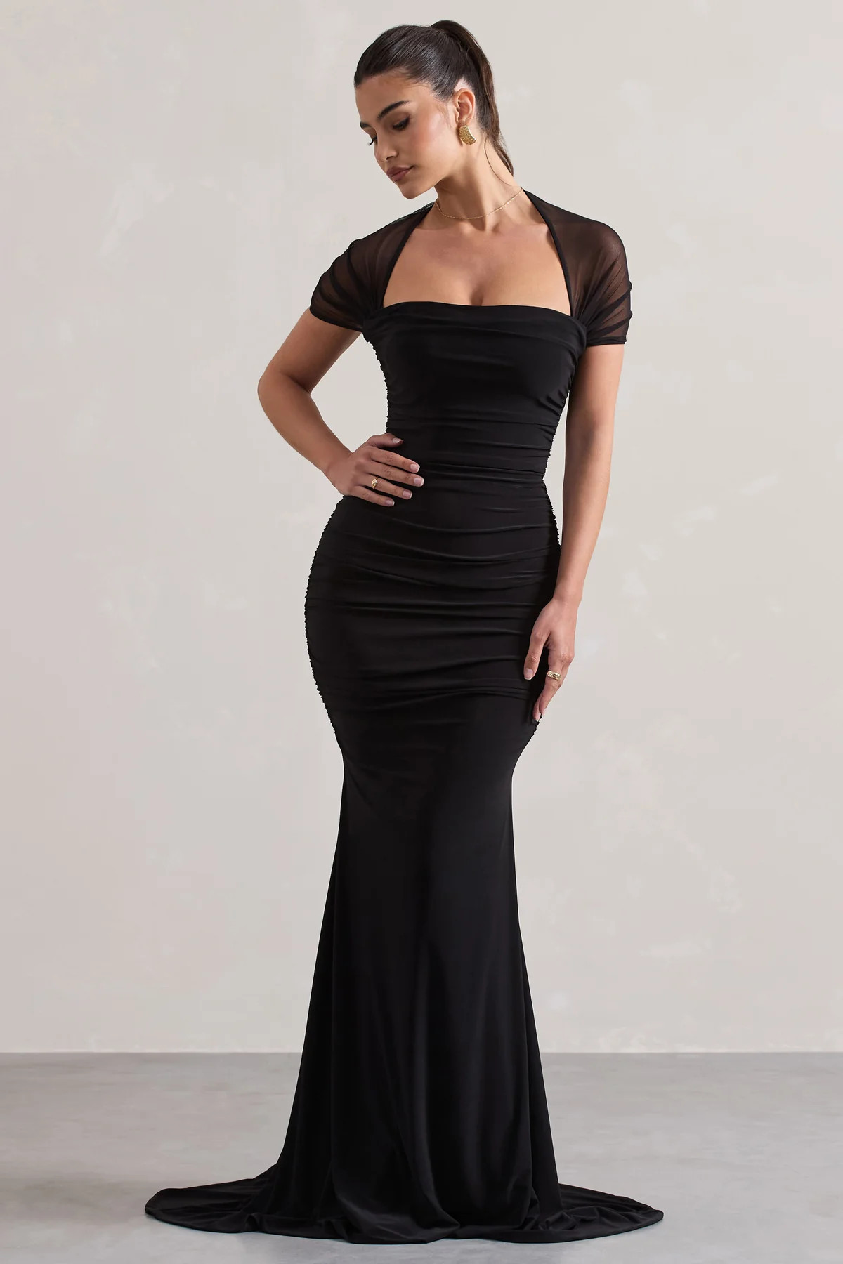 Prophecy | Black Fishtail Maxi Dress With Sheer Sleeves | Club L London
