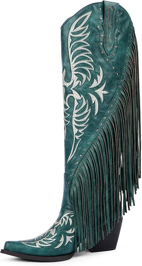 Cowboy Boots for Women Fringe Cowgirl Boots Embroidered Studded Pointed Toe Chunky Heel Western K... | Amazon (US)