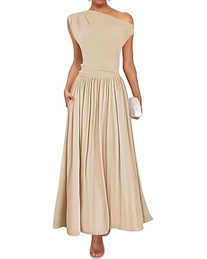 ZESICA Women's Summer 2025 Sleeveless Maxi Dress One Shoulder Casual Slim Swing Pleated Formal Dr... | Amazon (US)