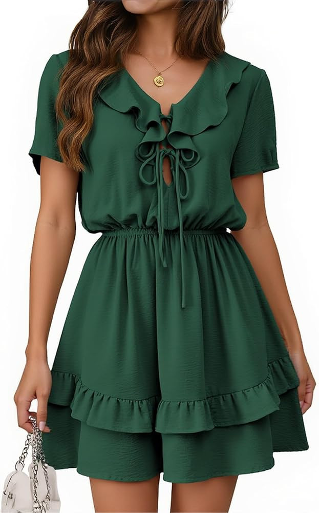 Angashion Womens Tie Front Mini Dress: V Neck Long Sleeve Layer Ruffle Hem Dress with Pockets | Amazon (US)