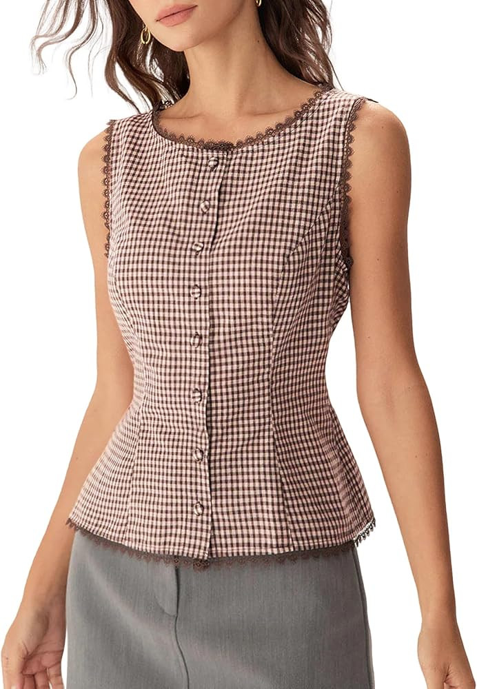 Ainangua Women Plaid Button Tank Top Summer Y2K Lace Trim Sleeveless Checkered Vest Casual Elegan... | Amazon (US)