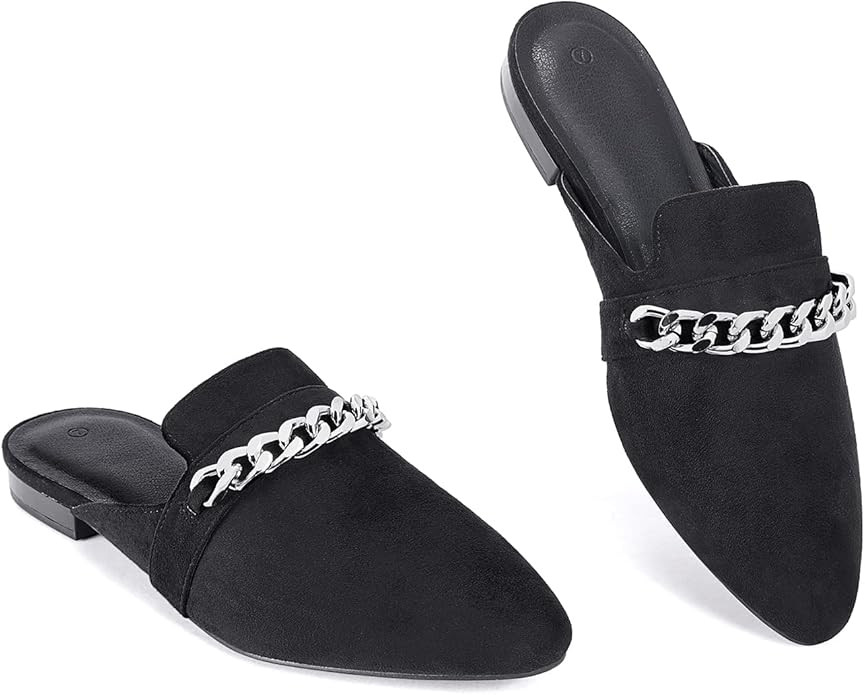 Coutgo Mules for Women Flats Slip On Closed Pointed Toe Loafers Slides Backless Metal Chain Shoes | Amazon (US)
