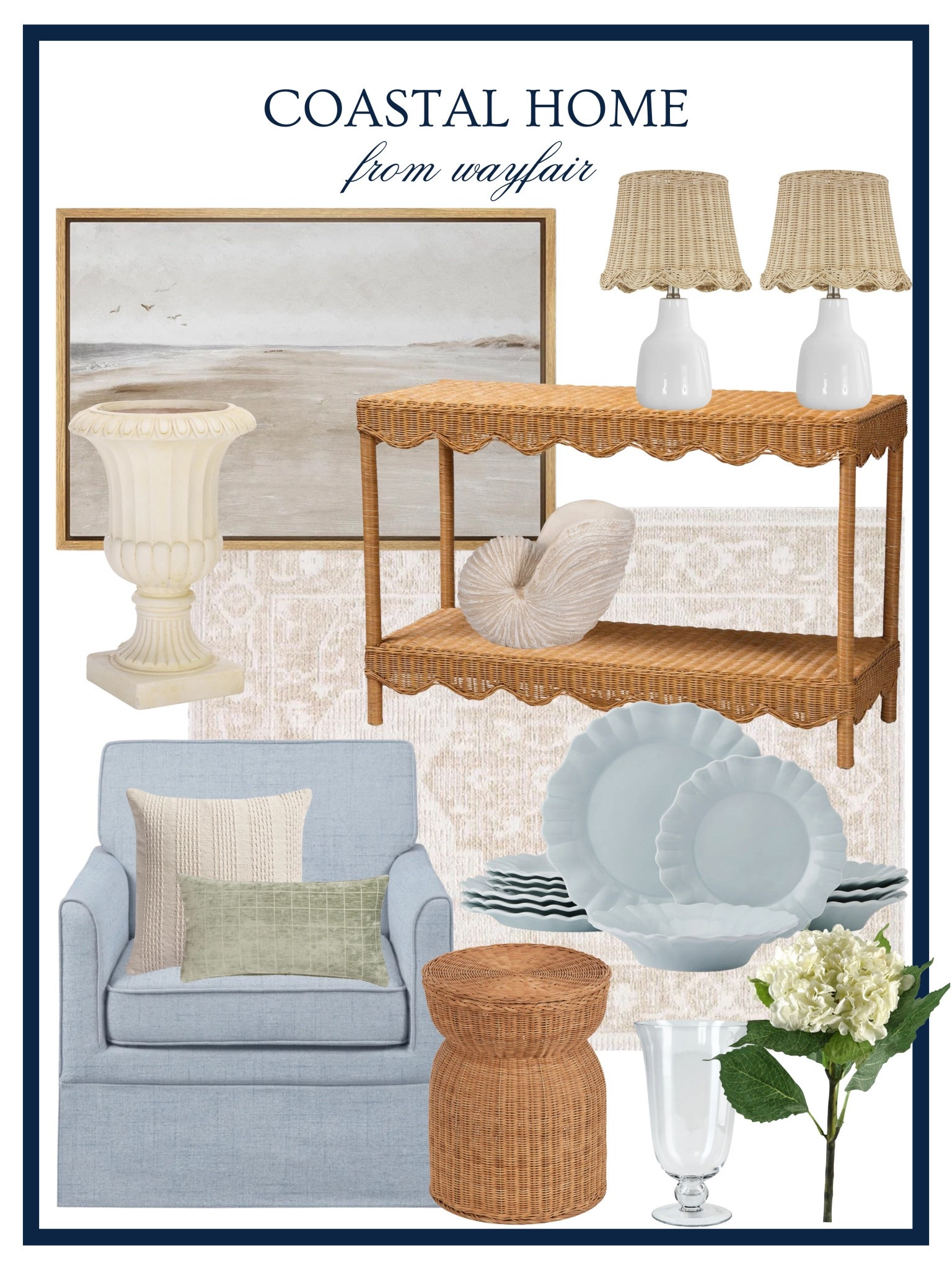 Coastal Home from Wayfair 🤍🐚 Blue and white home, Nancy meyers home, coastal grandmother home, rattan home, affordable home 

#LTKFindsUnder50 #LTKHome #LTKFindsUnder100