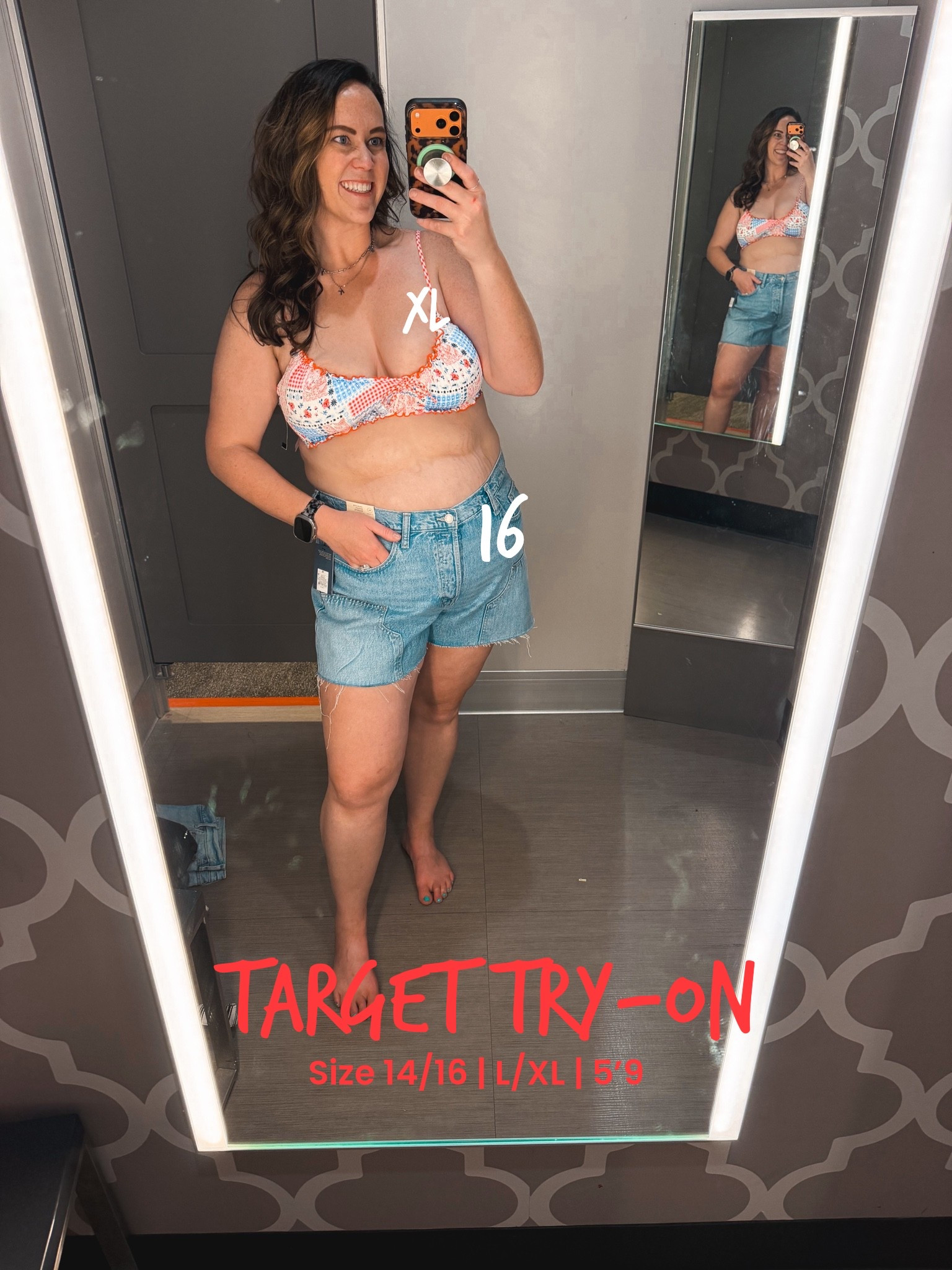 The things we wanted to buy for vacation but didn't need to buy more of! 😭 so I refrained. But here's what I tried on and loved.

Top: Surprisingly supportive for my DDs, and this is just the regular XL, I believe they also do a DD-specific size if you need more support.

Shorts:🤌🏼 perfect. Sized up, because I always size up in bottoms at Target for my mom tum 😁

Size 14/16 | L/XL | 5'9

Target swimsuit, Target bikini, Target try on, patchwork bikini, mixed print bikini top, DD bikini top, supportive bikini top, size 14/16 swimsuit, midsize swimsuit, Target denim shorts, high rise denim shorts, distressed denim shorts, mom tum friendly shorts, size up bottoms, Target fitting room haul, midsize summer style, vacation swimwear

#LTKSwim #LTKTravel #LTKMidsize