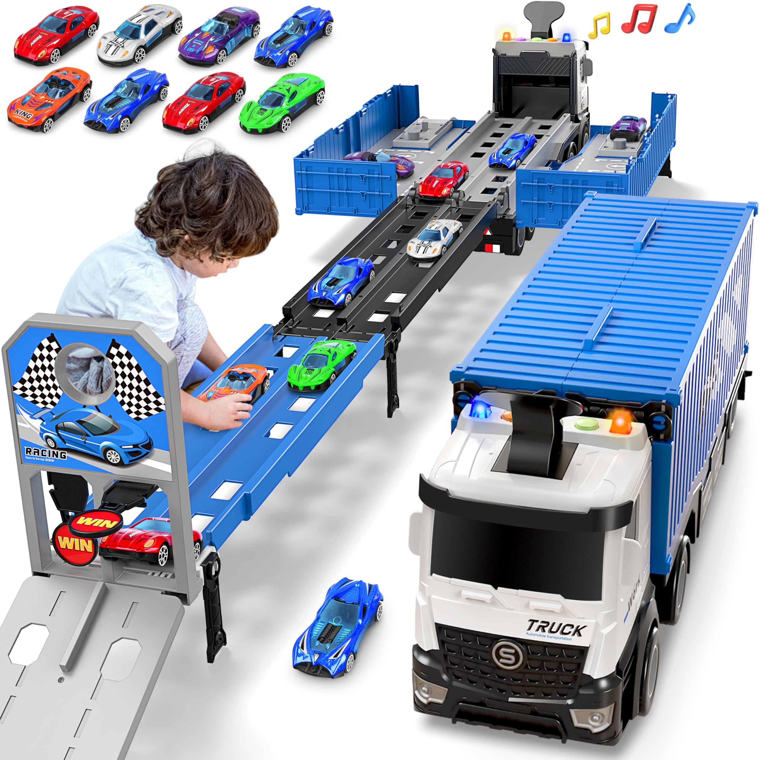 Carrier Truck Race Track Toddlers Toys, Foldable 3 Layer Car Race Track Playset, Toy Truck Transp... | Amazon (US)