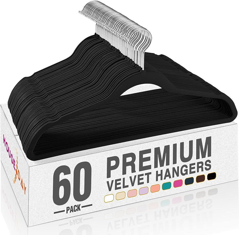 HOUSE DAY Black Velvet Hangers 60 Pack, Premium Clothes Non-Slip Felt Hangers, Sturdy Heavy Duty ... | Amazon (US)