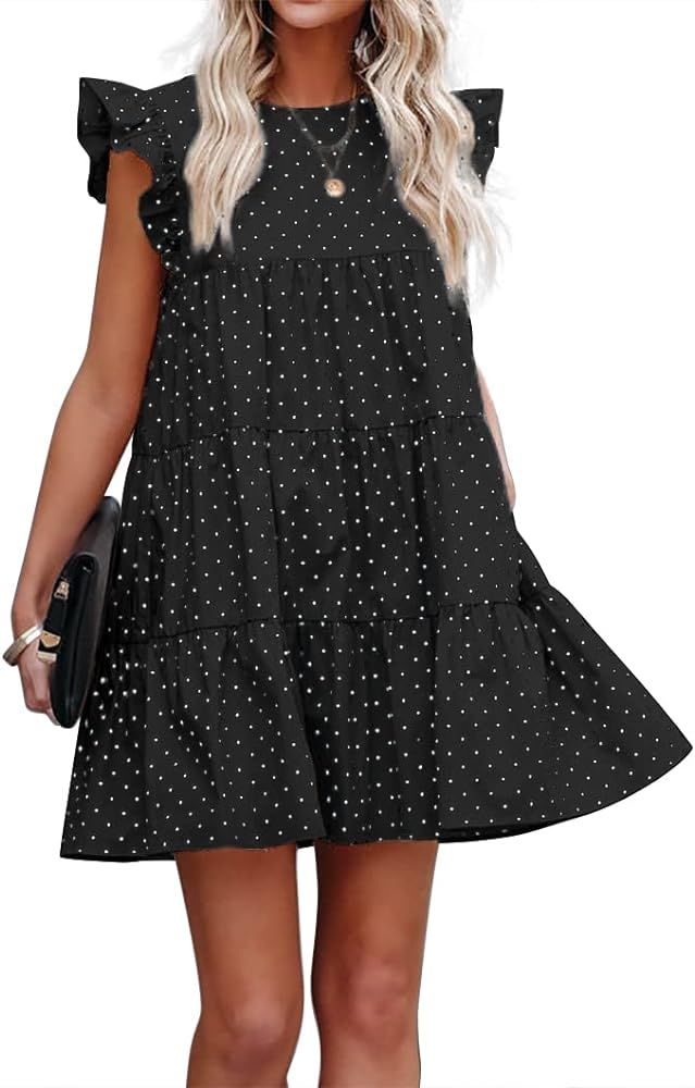 FSHAOES Women Casual Babydoll Mini Dress Ruffle Sleeve Polka Dot A-line Tiered Tunic Dress | Amazon (US)