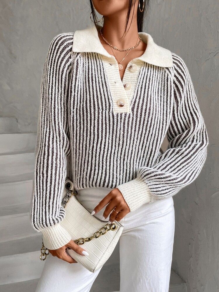Striped Pattern Contrast Polo Neck Raglan Sleeve Sweater | SHEIN