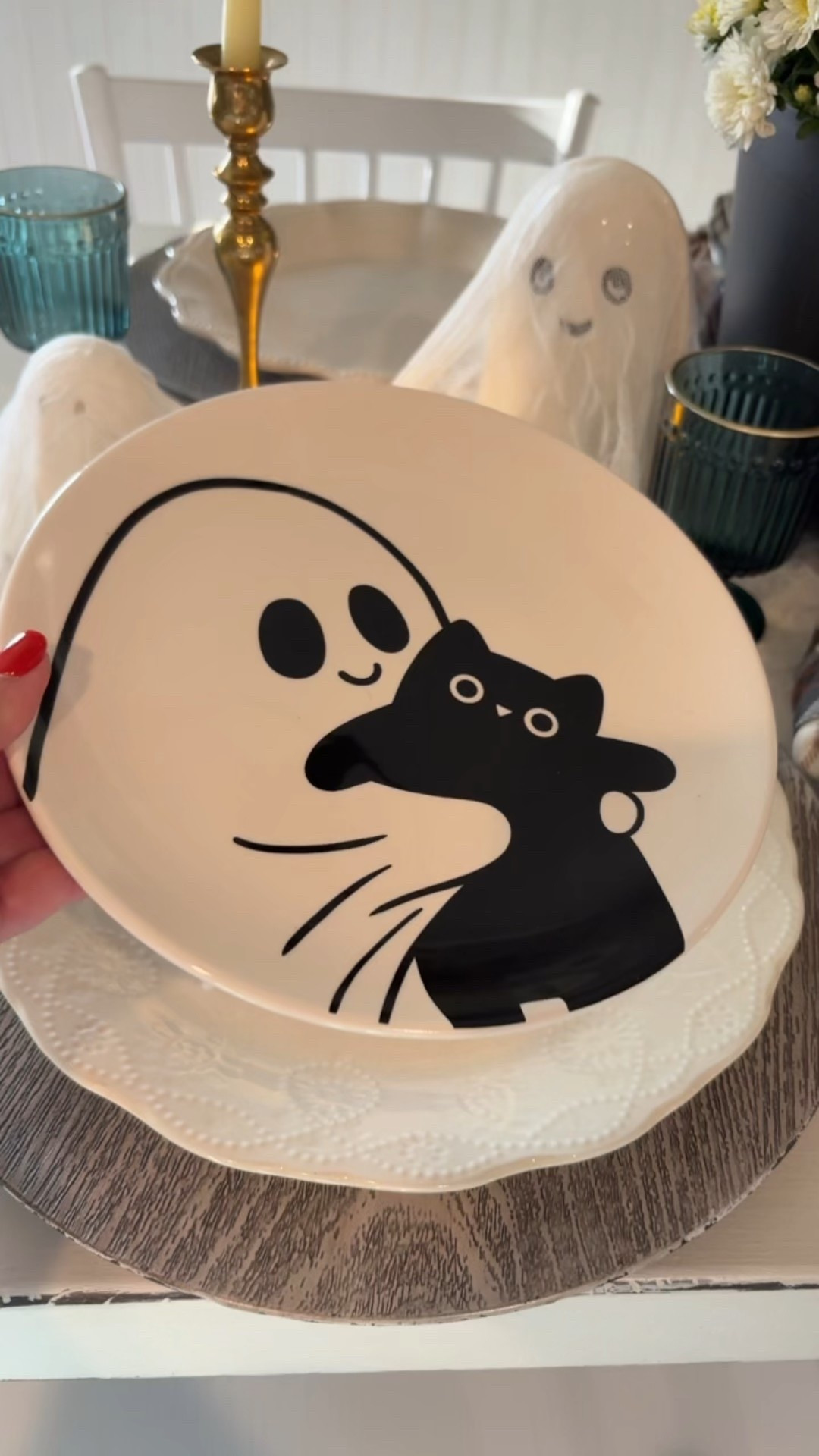 Spooky and cute tablescape! Love these fun salad plates! The black kitties 🐈‍⬛

#LTKParties #LTKHome #LTKHalloween