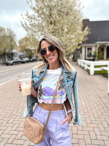 Brunch outfit 
Denim jacket and graphic tee with linen purple pants
Wide leg pants outfits for spring and summer
Aberocmrbie style and Gucci soho bag 