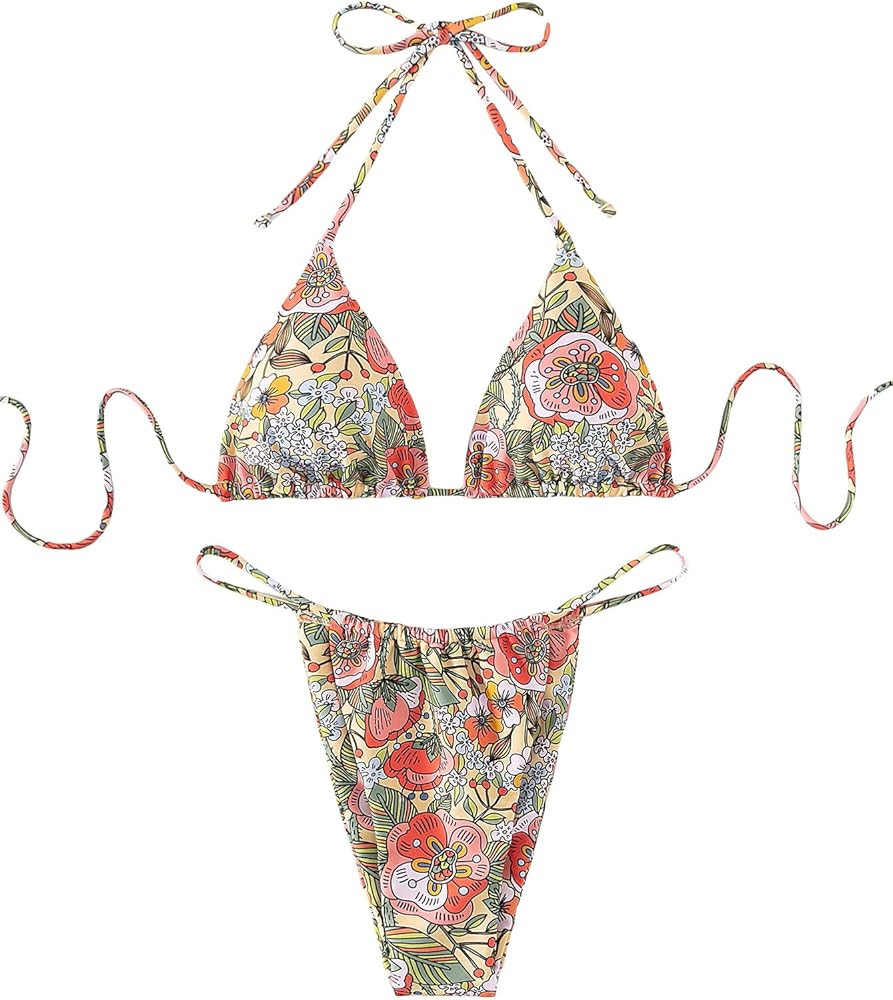 WDIRARA Women's 2 Piece Set Floral Print Tie Backless Swimwear Halter Bikini Swimsuit | Amazon (US)