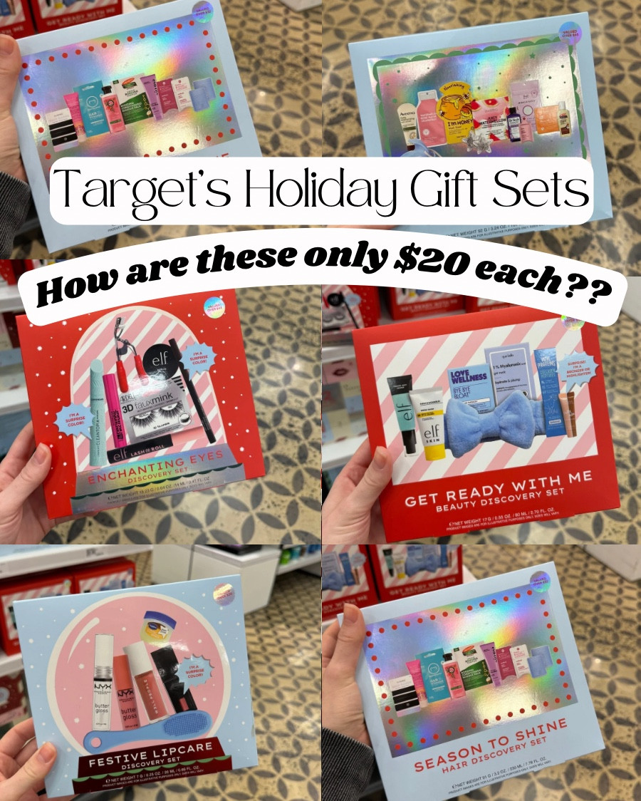 Target’s Holiday Gift Sets: How are these only $20 each??

Festive Lipcare Discovery Set
-Includes SUCH good products: NYX butter gloss in 2 shades, well people and elf lippie, vaseline, and a lip scrubber
-Valued over $35 and is only $20!

GRWM Beauty Discovery Set
-Perfect for someone just starting out or someone who needs to add some basics to their routine
-Valued over $45 and is only $20!!!! This is such a good deal. The elf pair themselves are around $20 alone.
-These are all really hydrating and wellness related products
-The headband and NYX lips really are the cherry on the top with this one

Enchanting Eyes Discover Set
-Elf brow lift, fake lashes (not crappy ones), eye lash curler, THREE name brand mascaras, and a water proof eye liner??
-Valued over $43 and is only $20!!!!
-AMAZING

Season To Shine Hair Disc Set
-Hair bands, shampoo and conditioner samples, hair gummies, 2 hair masks, curl cream, hair rollers
-Valued over $32 for $20!
-A great way to sample so many products and see what you like and don’t like

Rest & Recharge Self Care Set
-3 face masks, body lotion, scalp scrubber, eye mask, body oil, pimple patch, body wash, and bubble bath
-Valued over $45 for $20!
-A TON of stuff that you could fill an entire stocking with!
