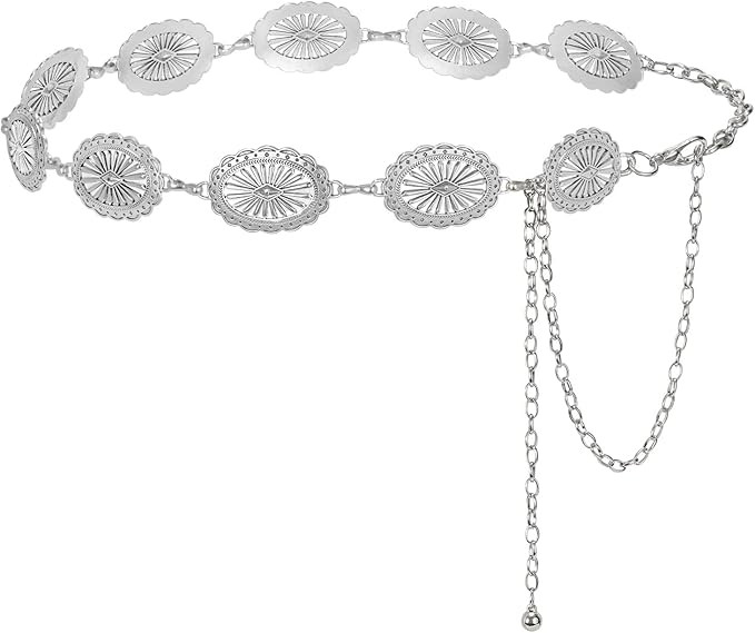 LEACOOLKEY Women Turquoise Concho Chain Waist Belt Silver Western Cowgirl Metal Chain Belt for Dr... | Amazon (US)