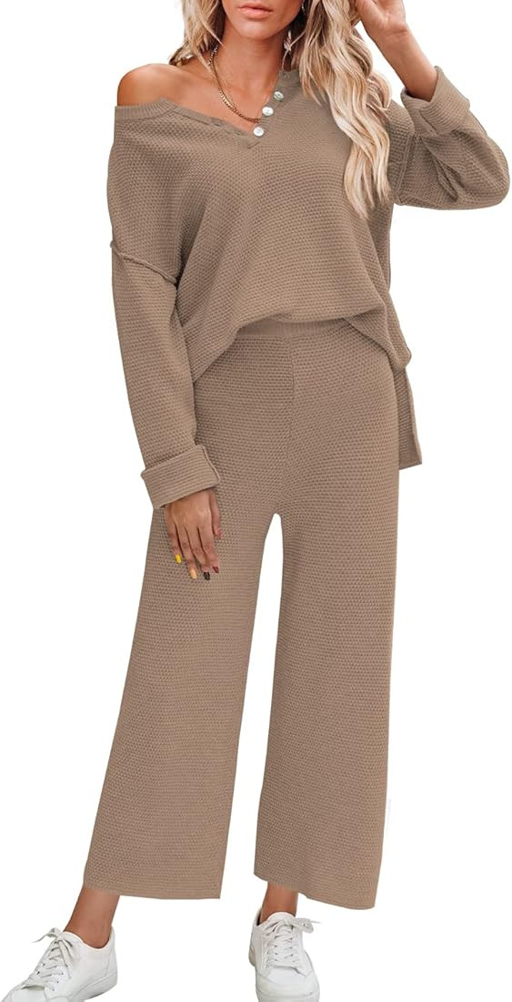 Yanekop Womens 2 Piece Waffle Knit Sweater Set Outfits Lounge Sets Henley Shirts Wide Leg Pants Paja | Amazon (US)
