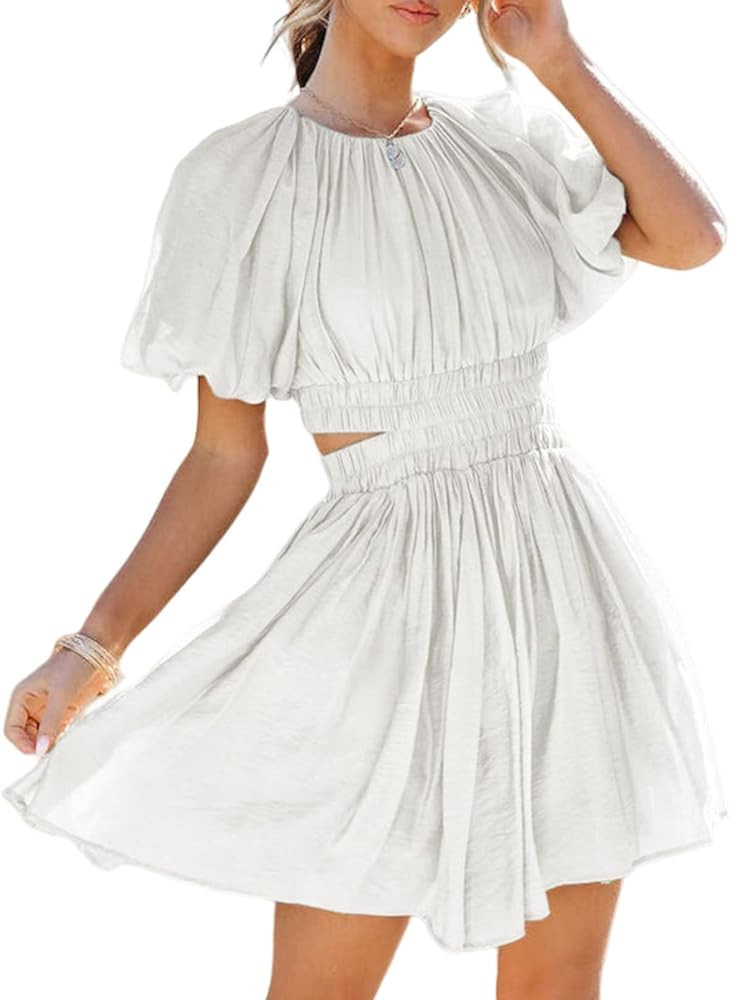 AlvaQ Women Summer Crewneck Cut Out Dresses Casual Puff Sleeve Swing A Line Short Mini Dress with... | Amazon (US)