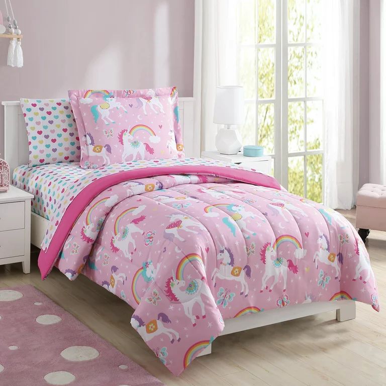 Your Zone Rainbow Unicorn Bed-in-a-Bag Coordinated Bedding Set, Pink, Twin Size | Walmart (US)