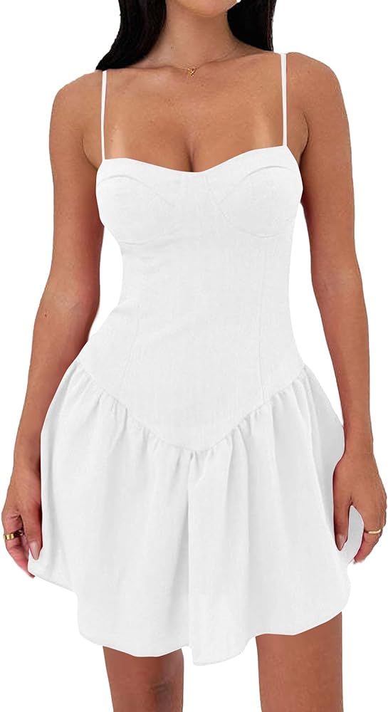 Vrtige Women's Sweetheart Neck Spaghetti Straps Sleeveless Ruffle Hem Mini Short Dress | Amazon (US)