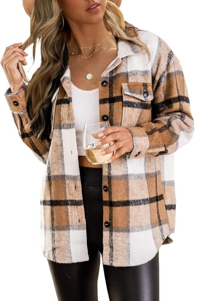 Trendy Queen Womens Flannel Shacket Casual Jacket Plaid Button Down Long Sleeve Shirt Fall Winter... | Amazon (US)