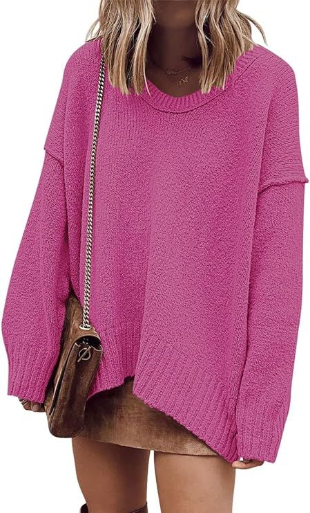 Prinbara Women's Oversized Long Sleeve V Neck Off The Shoulder Baggy Comfy Knit Pullover Sweaters | Amazon (US)