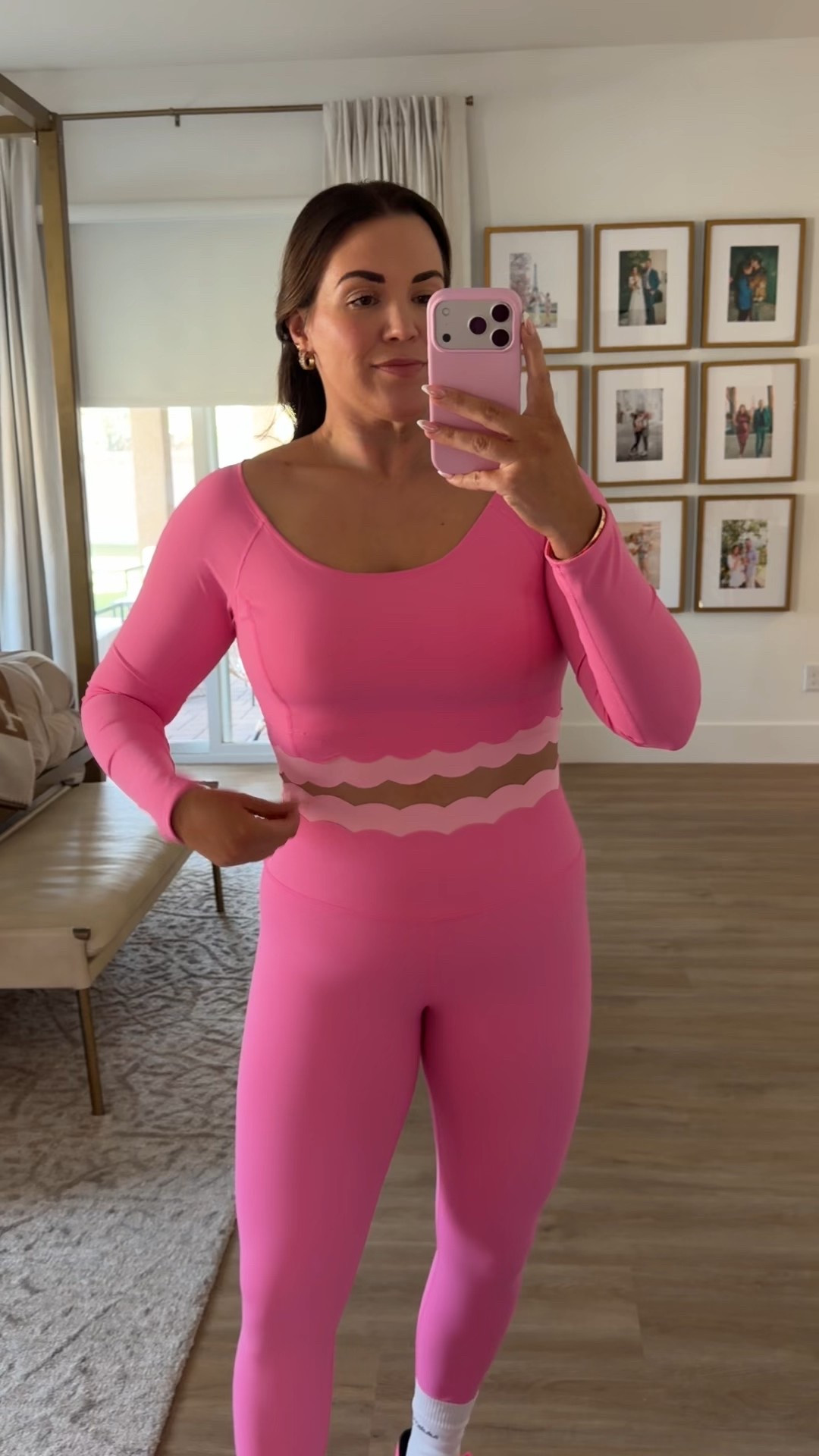 curvy midsize fitness outfit! wearing size large in pink scallop long sleeve top and medium in matching leggings 💕 

#LTKMidsize #LTKfitnessgoals #LTKActive