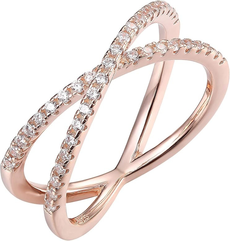 PAVOI 14K Gold Plated X Ring CZ Simulated Diamond Criss Cross Ring (9, Rose) | Amazon (US)
