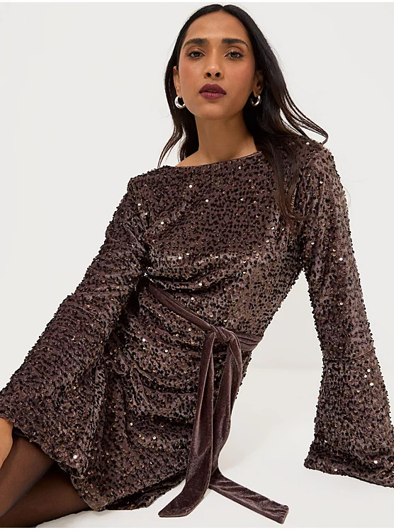 Brown Velvet Sequin Scoop Back Belted Mini Dress | George at ASDA