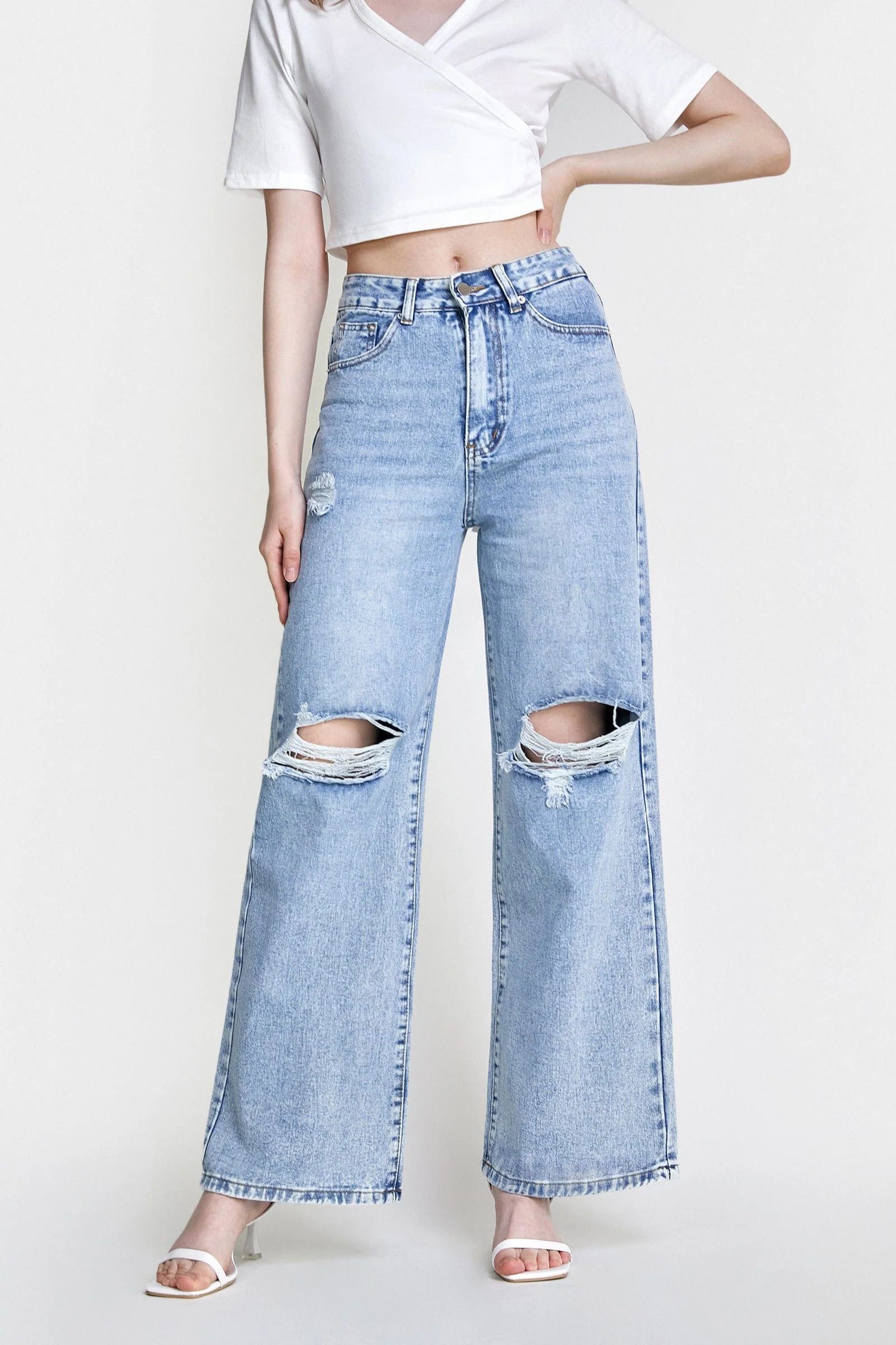 Light Blue Wash Ripped Wide Leg Jeans | J.ING