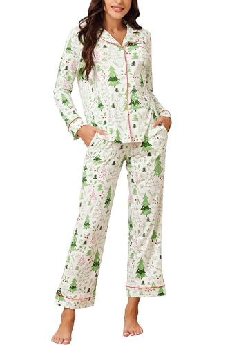 LUBOT Christmas Pajamas 100% Cotton Womens Pajamas Set Soft 2PC PJ Set for Women Long Sleeve Button-Down Xmas Two Piece Sleepwear Loungewear (Christmas Tree,XL) | Amazon (US)