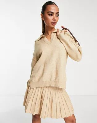 In The Style  x Lorna Luxe knitted pleated collar detail sweater in stone - part of a set | ASOS (Global)