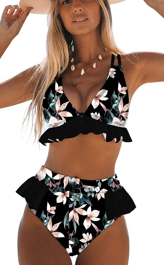 Sporlike Women High Waisted Swimsuit Ruffle V Neck Bikini Two Pieces Swimwear | Amazon (US)