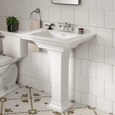 Town White Ceramic Rectangular Pedestal Bathroom Sink with Overflow | Wayfair North America