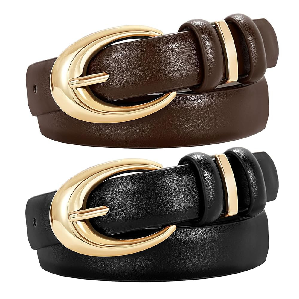 2 Pack Women Leather Belt for Jeans Pants Fashion Ladies Skinny Faux Leather Belt with Gold Buckl... | Amazon (US)