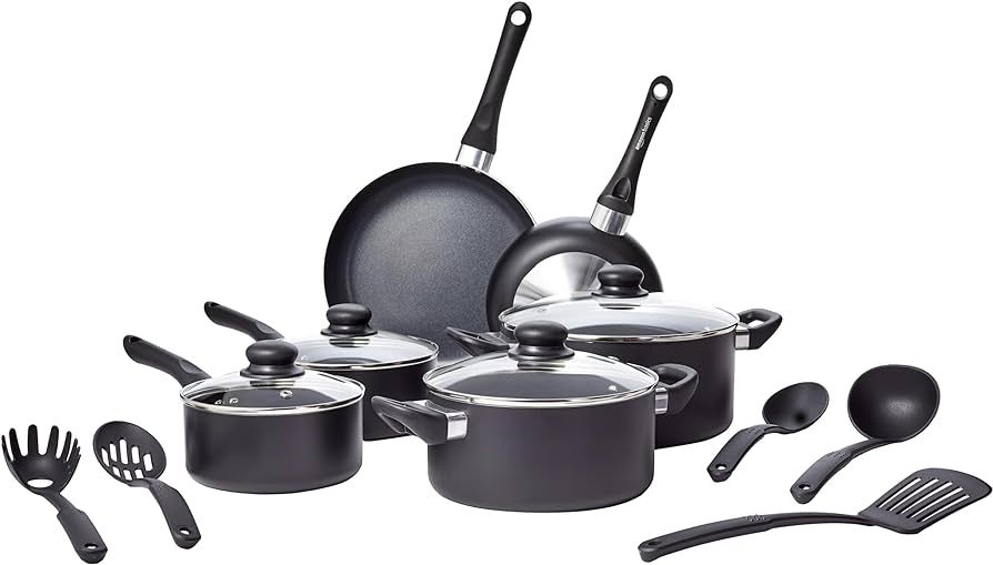 Amazon Basics Non-Stick Cookware 15-Piece Set, Pots, Pans and Utensils, Black | Amazon (US)