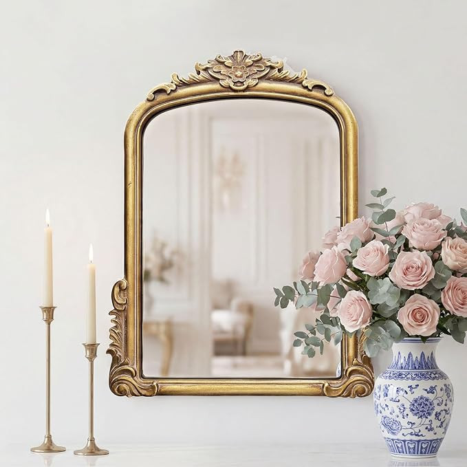 Vintage Arched Wall Mirror, Ornate Baroque Decorative Frame, Distressed Antique Gold Finish, Wall... | Amazon (US)