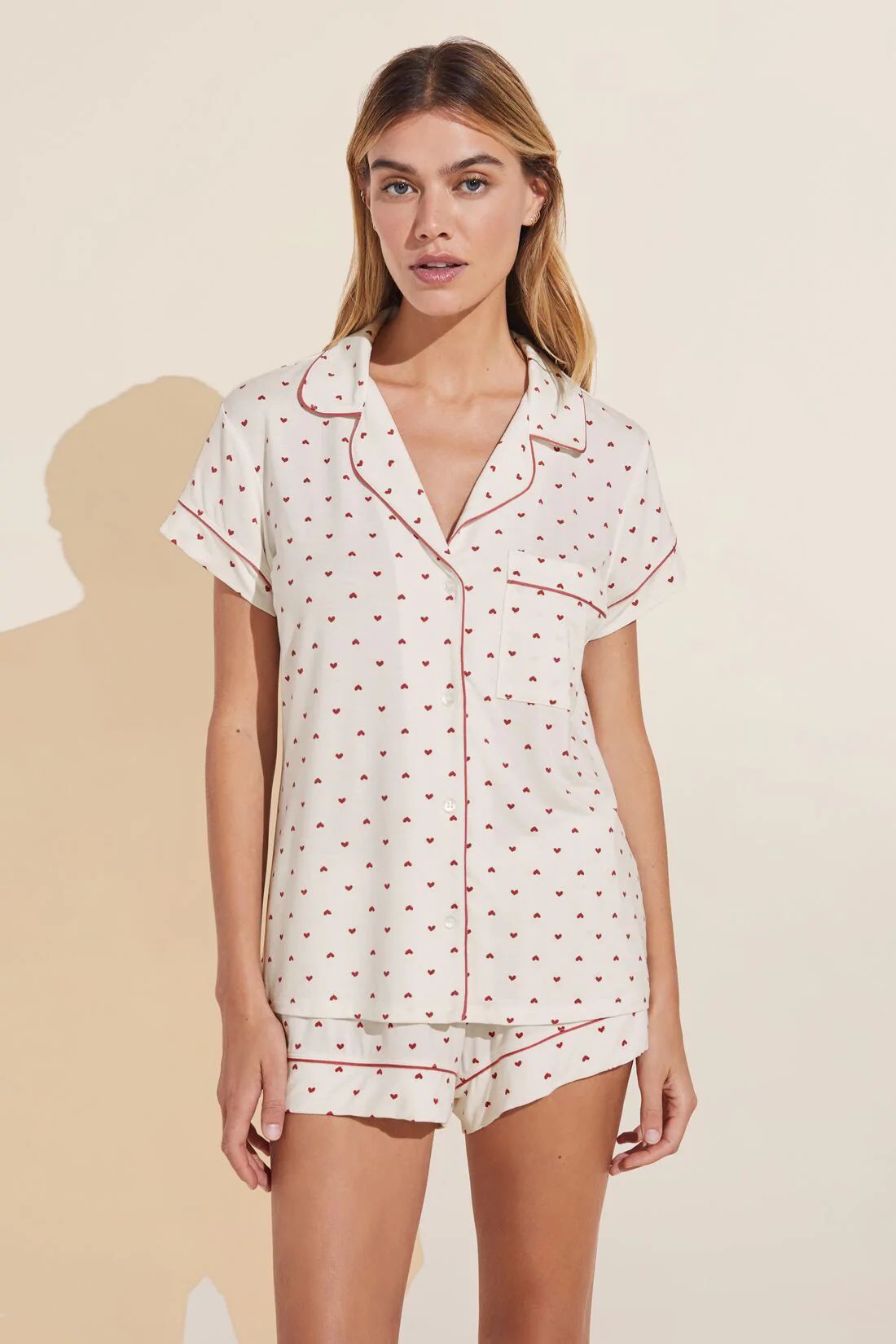 Gisele Printed TENCEL™ Modal Shortie Short PJ Set - Hearts Ivory/Rosew - Eberjey | Eberjey