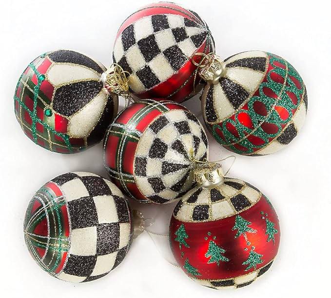MacKenzie-Childs Tartan Glass Ball Ornaments, Tree Ornaments, Holiday Bauble, Set of 6 | Amazon (US)