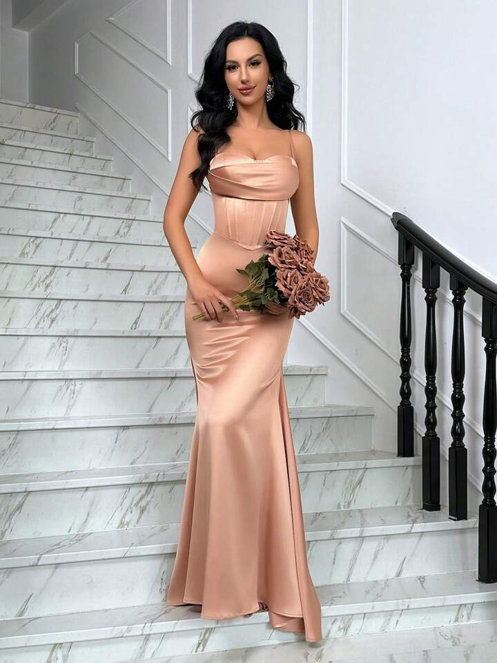 Champagne Color Spaghetti Strap Fishtail Bridesmaid Dress | SHEIN