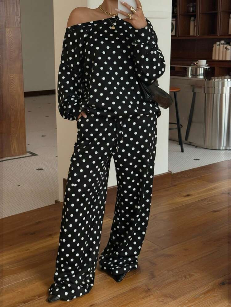 Muchica Women's Polka Dot Oblique Shoulder Loose Sweatshirt And Sweatpants Set, Autumn/Winter | SHEIN