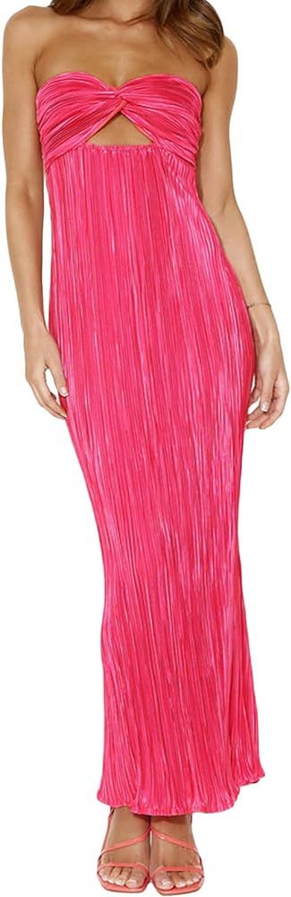 Womens Summer Strapless Sleeveless Maxi Dress Cross Front Hollow Out Ruched Tube Slim Fit Long Dr... | Amazon (US)