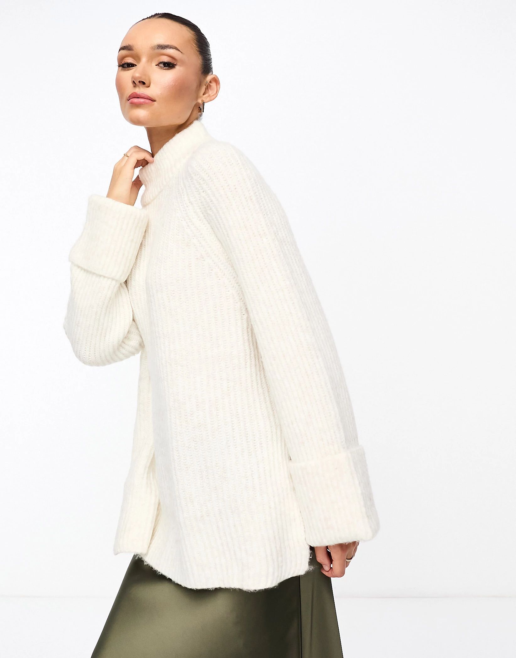 ASOS DESIGN high neck jumper with turn back cuff in long and lean block in cream | ASOS (Global)