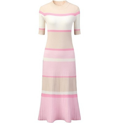 INSPIRE CHIC Women's Striped Ribbed Short Sleeve Midi Basic Knitted Dresses Large Pink | Target
