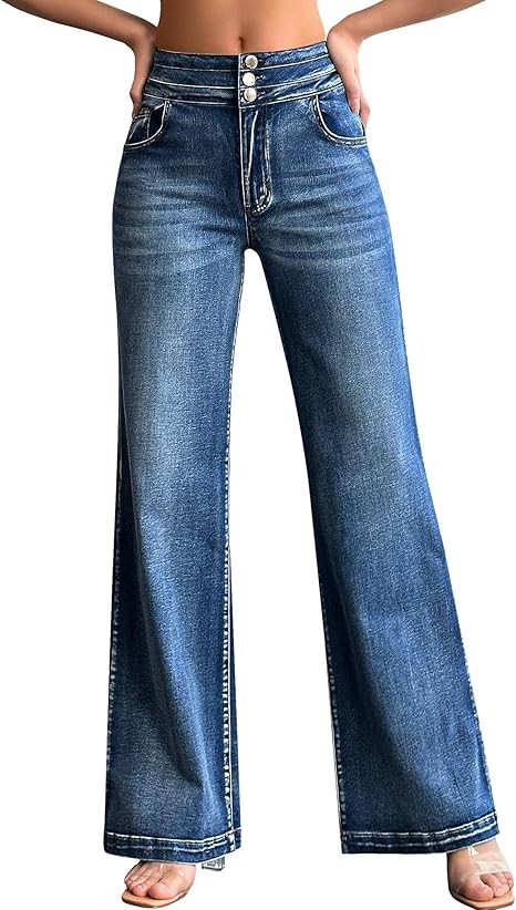 roswear Women's Wide Leg Jeans Casual High Waisted Stretch Baggy Loose Denim Pants | Amazon (US)