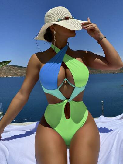 Color Block Cut Out Underwire One Piece Swimsuit | SHEIN