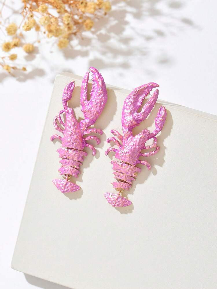 1 Pair Summer Beach Style Exaggerated Ocean Lobster Metal Enamel Earrings, Bohemian Resort Personalized Design Dangle Lobster Earrings Suitable For Women Everyday & Holiday Wear | SHEIN