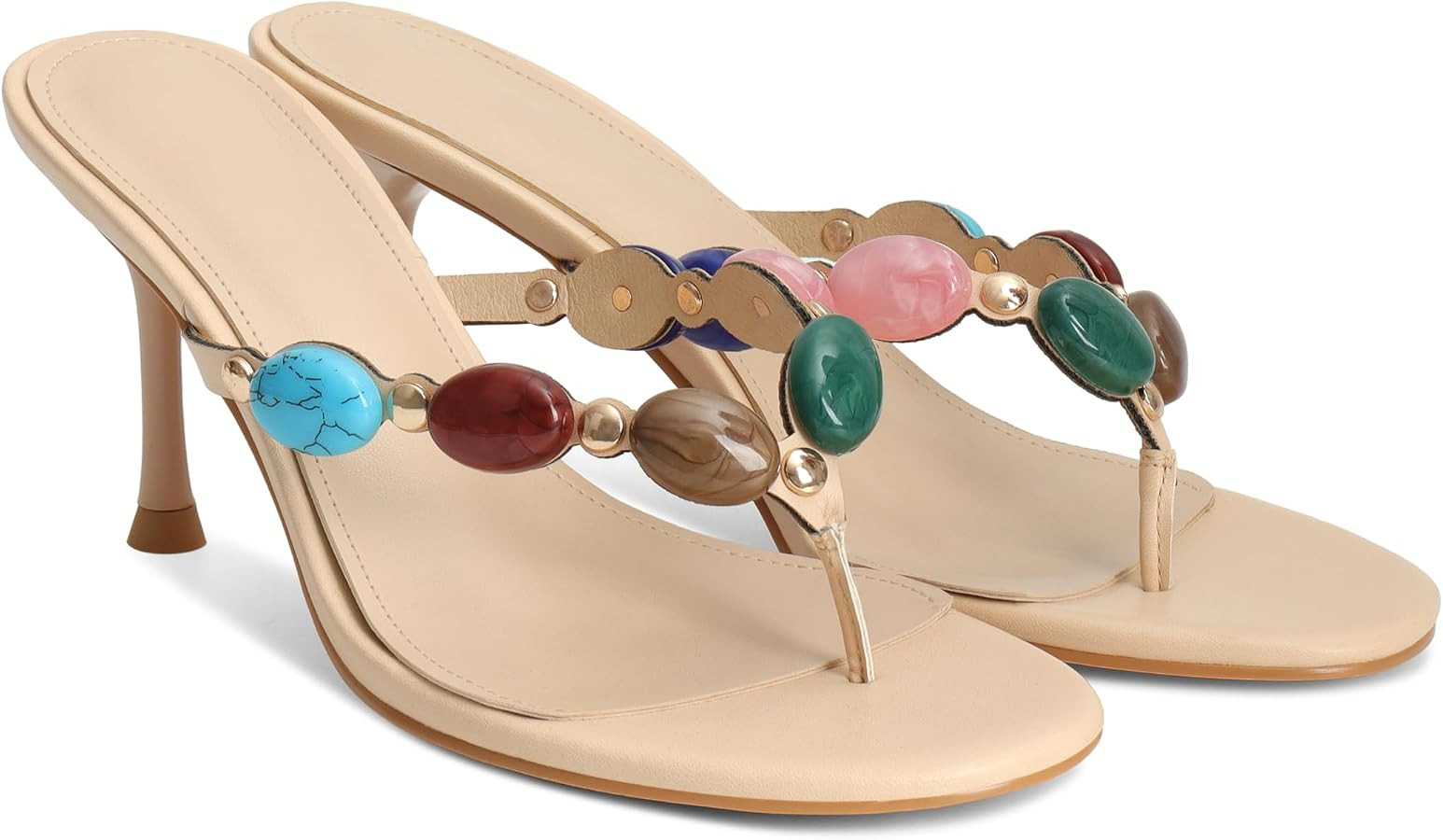 Jeweled Flip Flop Kitten Heels for Women Open Toe Beaded Strappy High Heels Sandals Slip On Thong... | Amazon (US)