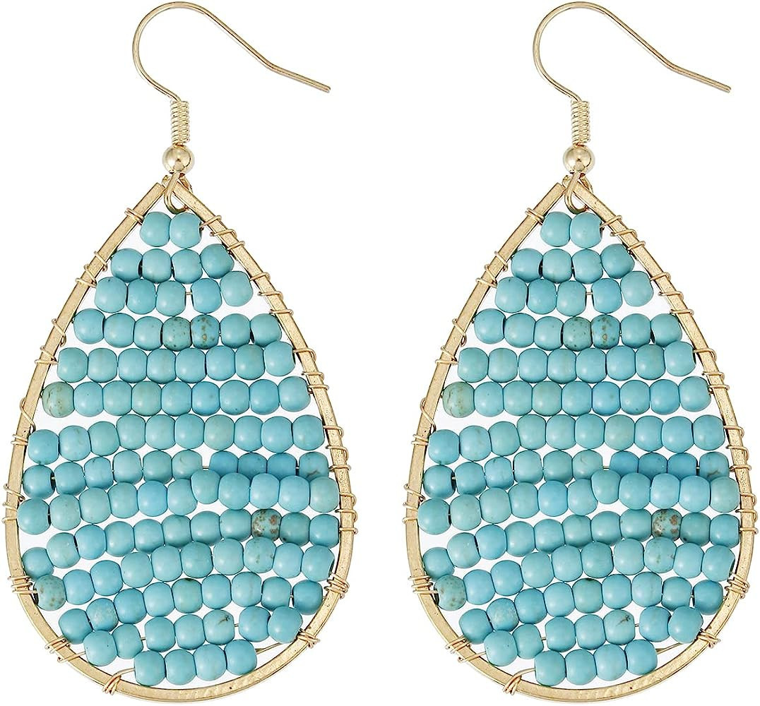 Winssigma Turquoise Teardrop Earrings, Boho Colorful Beads Gold Hoop Earrings for Women Bohemian ... | Amazon (US)