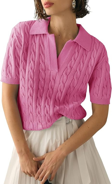 Imily Bela Women's Cable Short Sleeve Sweaters Tops Solid Lapel V Neck Knit Casual Soft Pullover ... | Amazon (US)