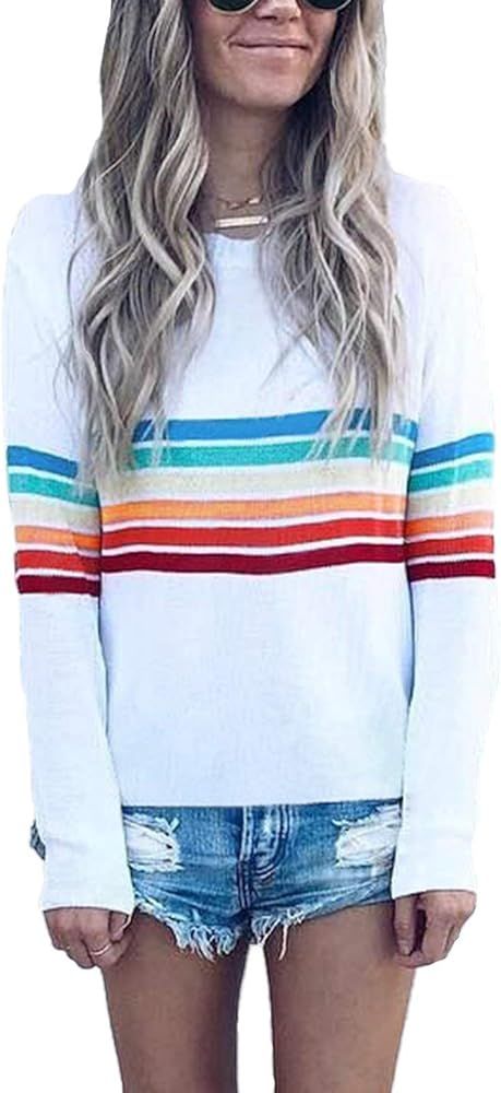 MISSLOOK Women's Rainbow Tops Colorful Striped Shirts Long Sleeve Crew Neck Color Block Casual Bl... | Amazon (US)