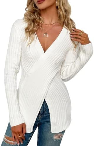 ANWUMICO Womens Ribbed Long Sleeve Sweater Sexy Cross Wrap Tops V Neck Knitted Sweaters Slim Plai... | Amazon (US)